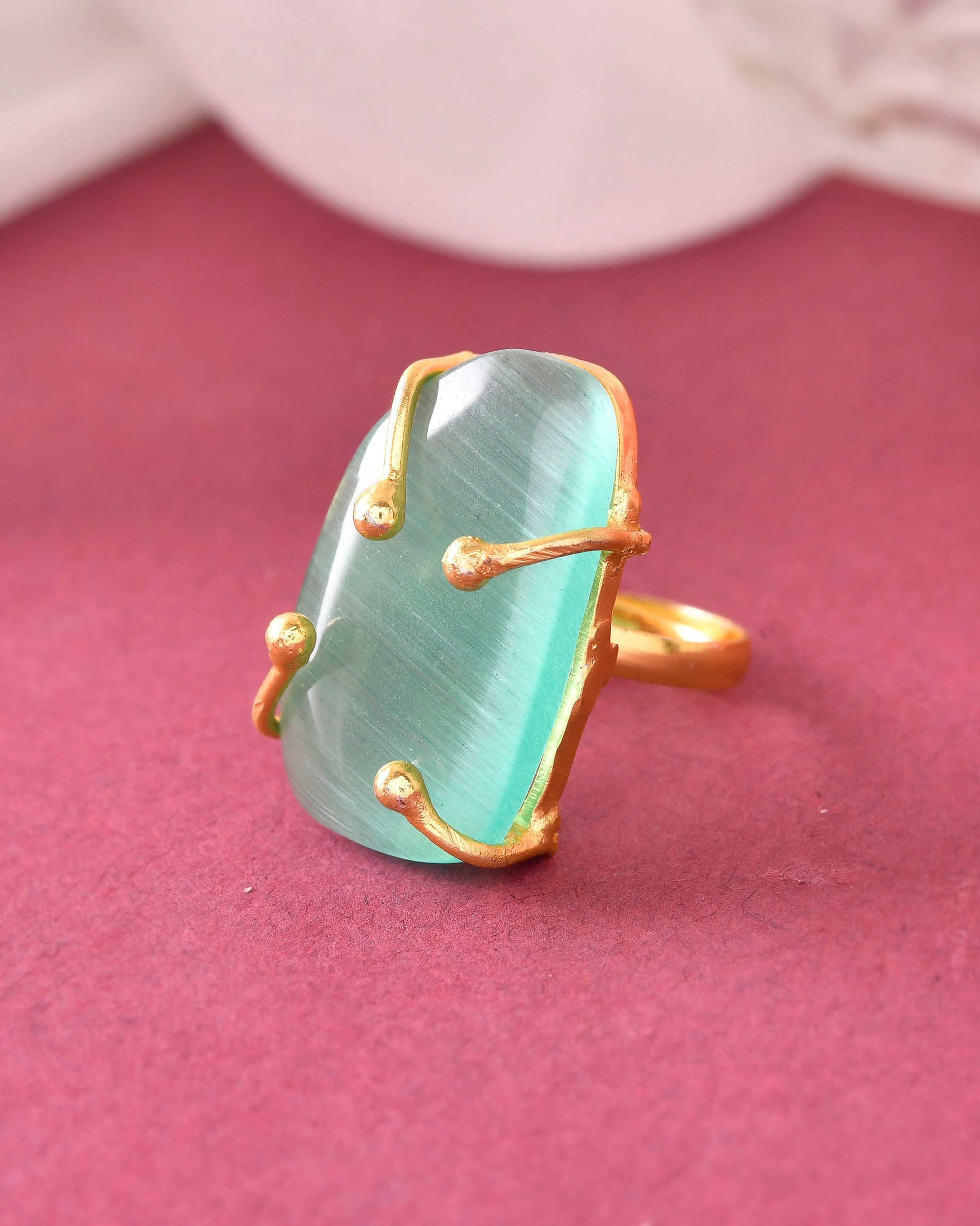 VOJ Gold-Polished Big Green Stone Studded Ring 