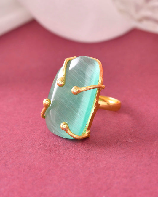 VOJ Gold-Polished Big Green Stone Studded Ring 