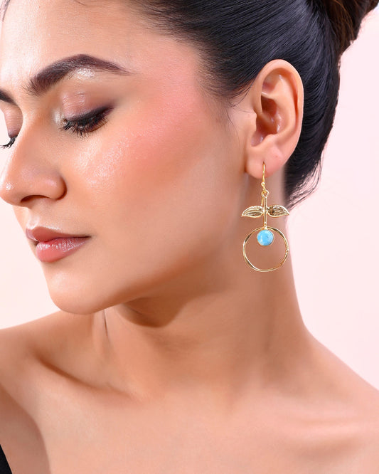 VOJ Gold-Polished Blue Stone Studded Circular Drop Earrings