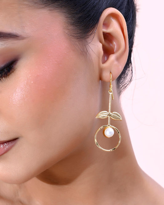 VOJ Gold-Polished White Stone Studded Circular Drop Earrings