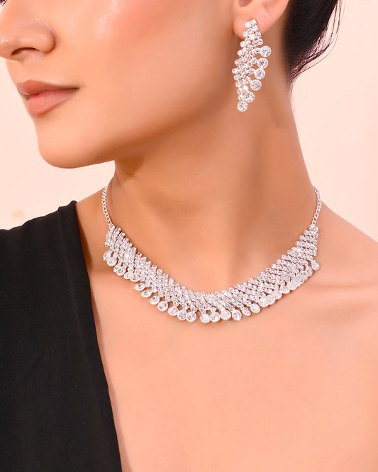 VOJ AD Stone Studded Silver Plated Necklace With Drop Earrings Set VOJ (Valley Of Jewellery)