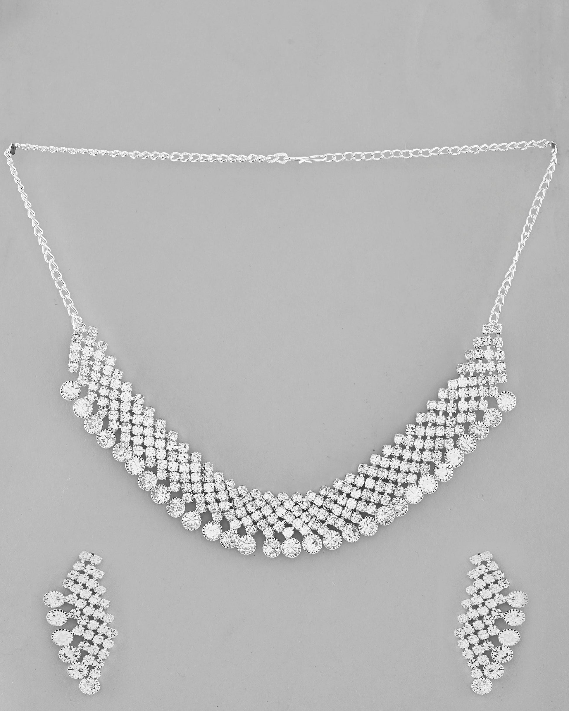 VOJ AD Stone Studded Silver Plated Necklace With Drop Earrings Set VOJ (Valley Of Jewellery)
