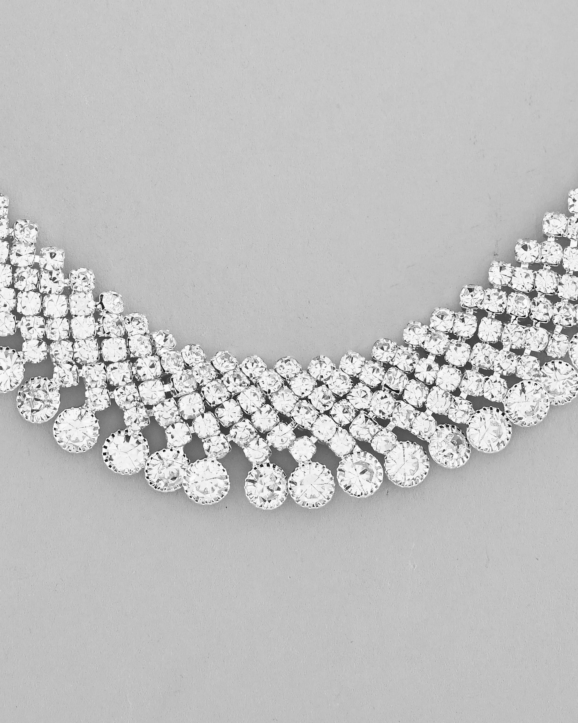 VOJ AD Stone Studded Silver Plated Necklace With Drop Earrings Set VOJ (Valley Of Jewellery)