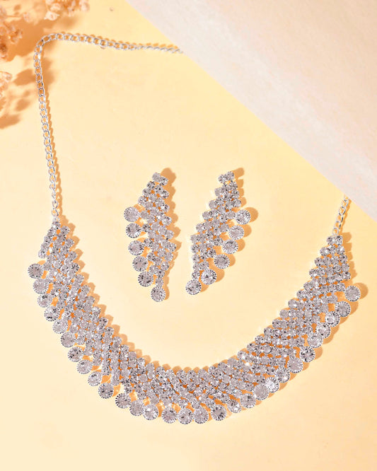 VOJ AD Stone Studded Silver Plated Necklace With Drop Earrings Set VOJ (Valley Of Jewellery)