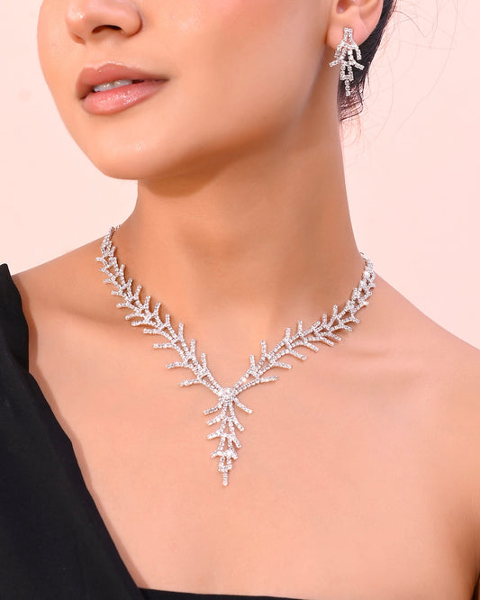 VOJ AD Stone Studded Silver Plated Designer Jewellery Set VOJ (Valley Of Jewellery)