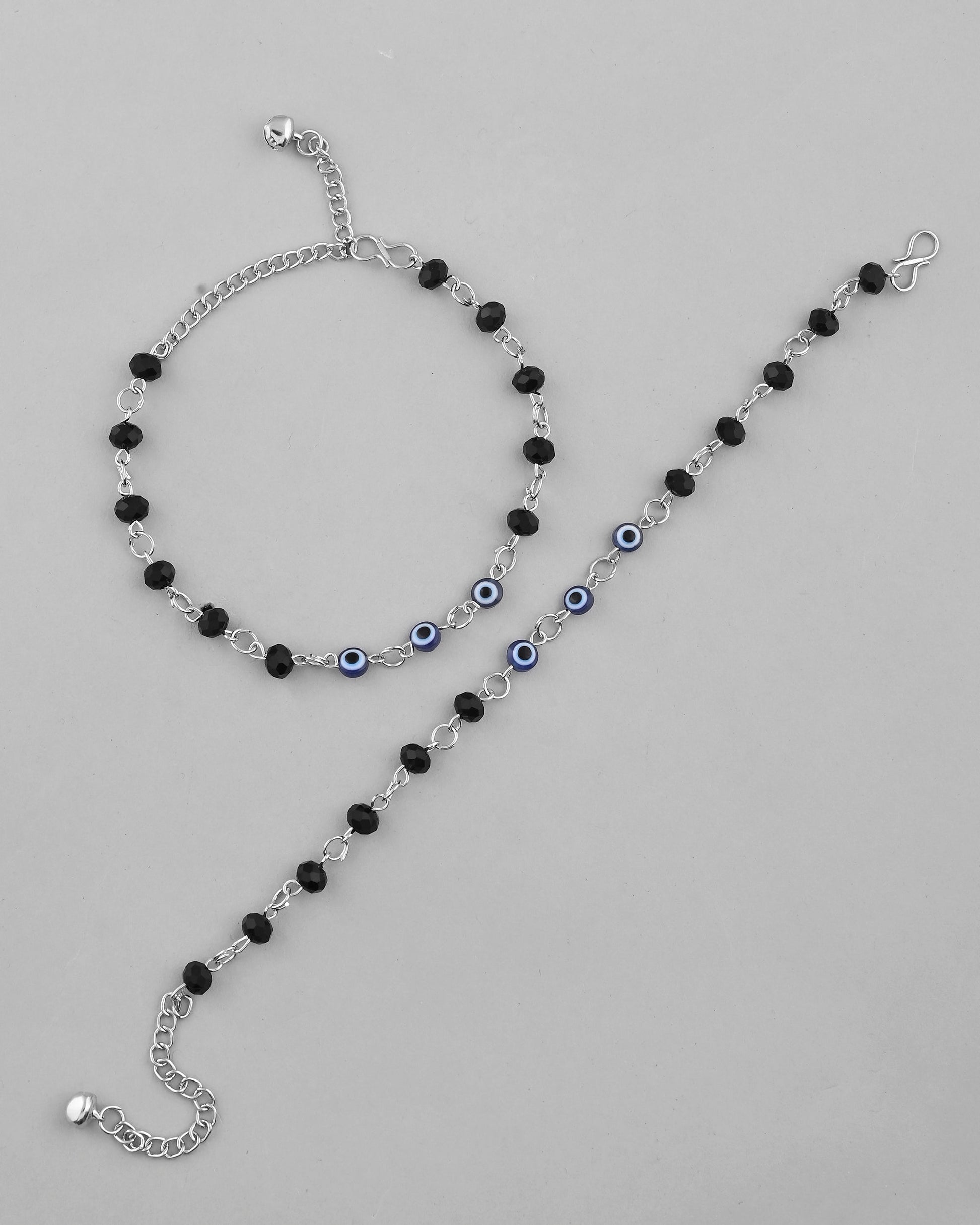 VOJ Set Of 2 Silver Plated With Black beads and Evil Eye Anklet 
