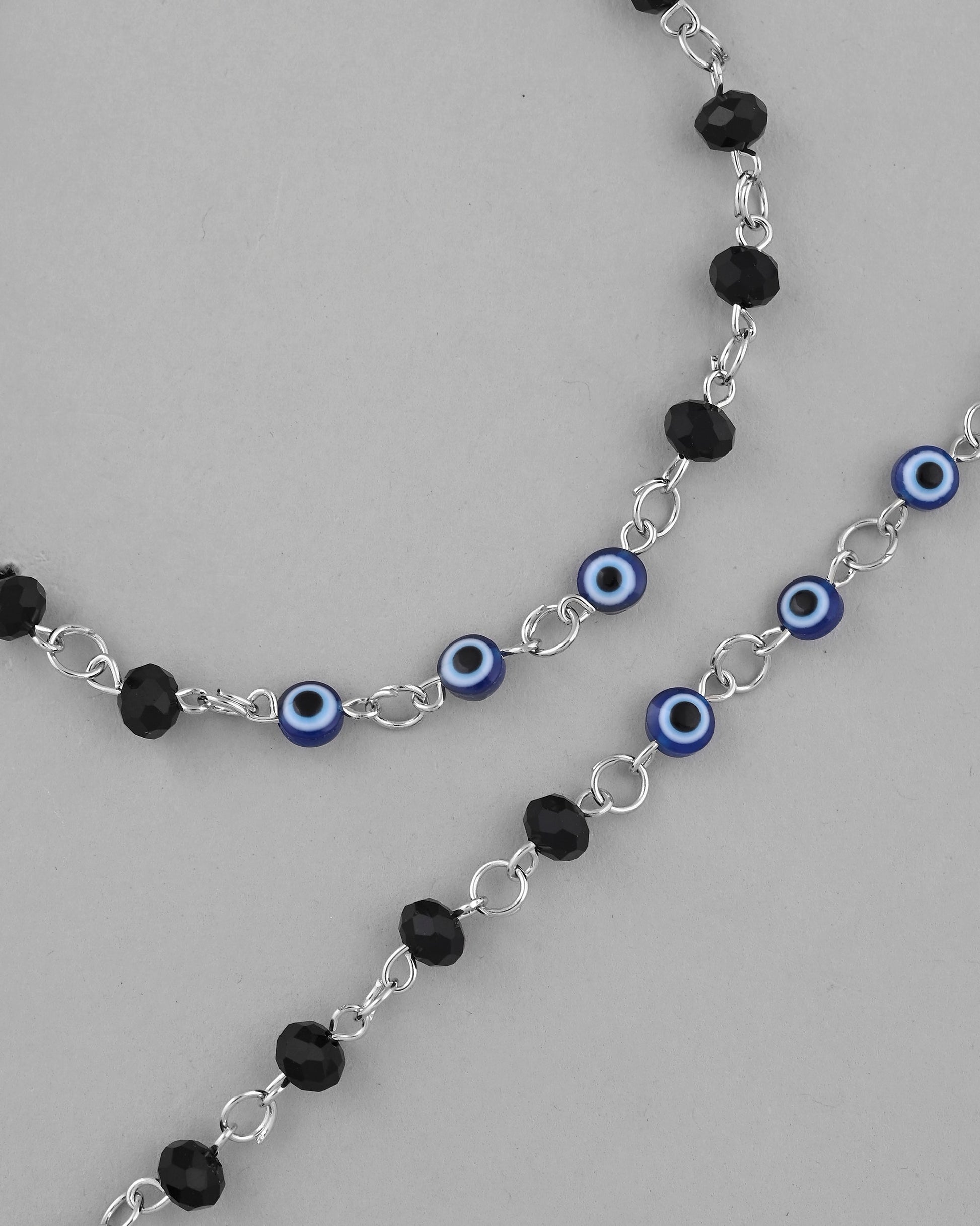 VOJ Set Of 2 Silver Plated With Black beads and Evil Eye Anklet 