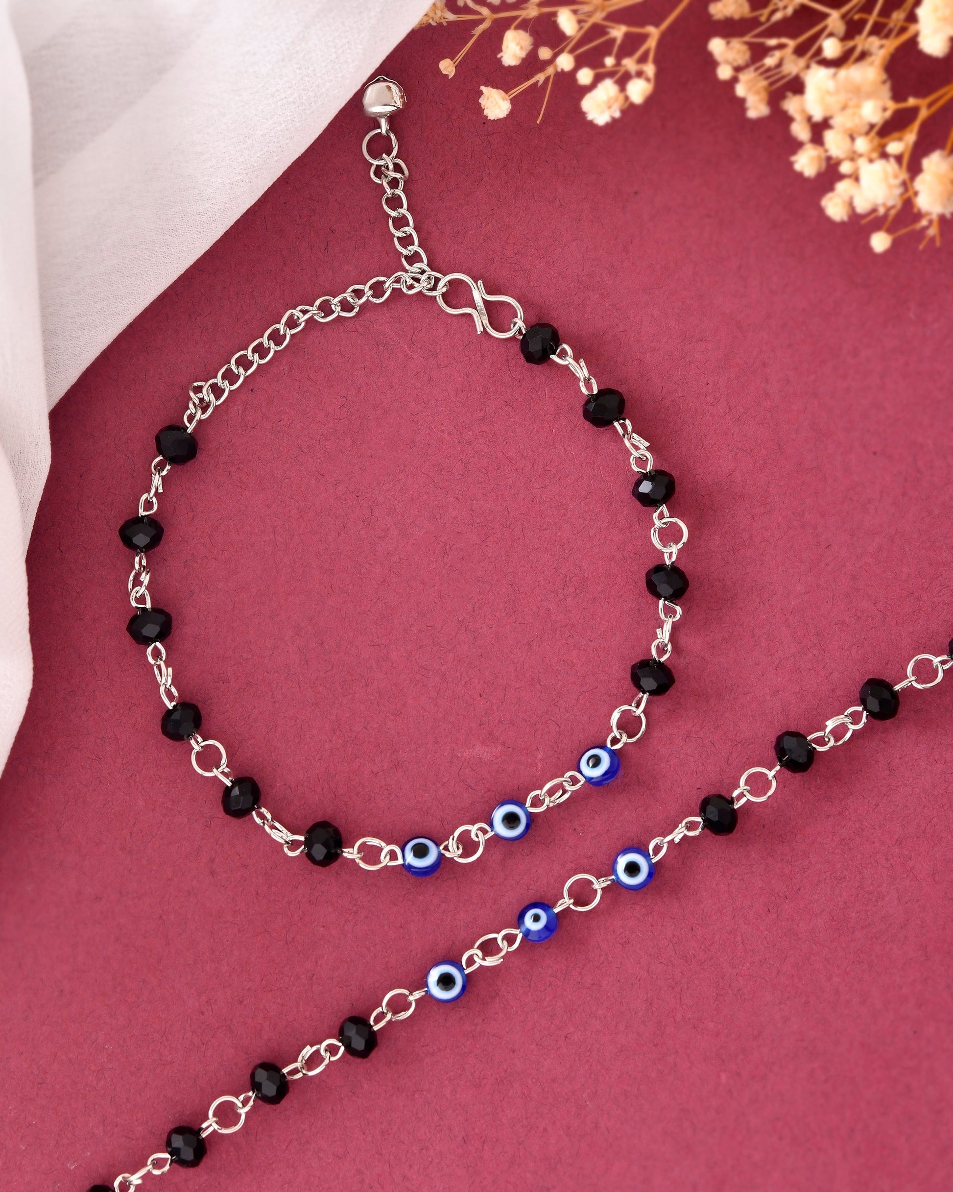 VOJ Set Of 2 Silver Plated With Black beads and Evil Eye Anklet 