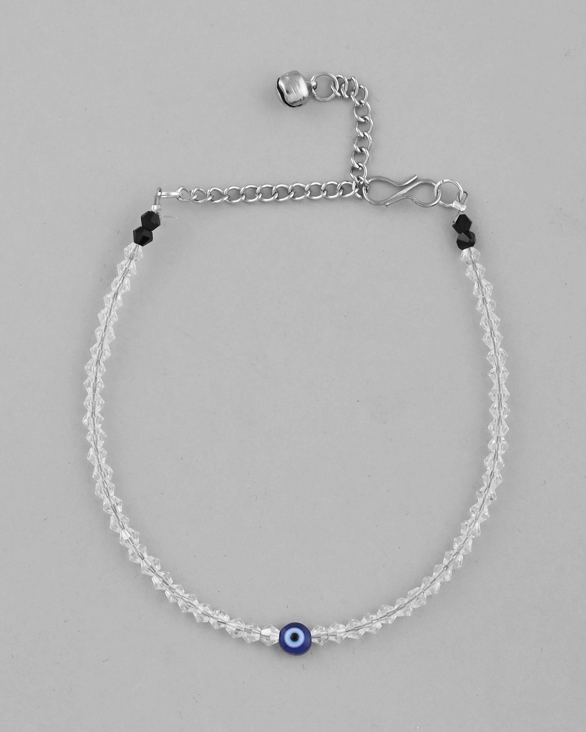 VOJ Set Of 2 Silver Plated With White beads and Evil Eye Anklet 