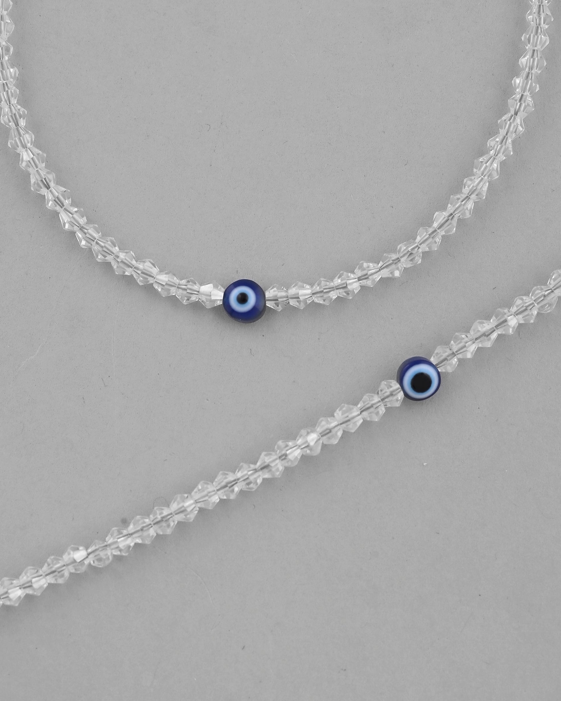 VOJ Set Of 2 Silver Plated With White beads and Evil Eye Anklet 
