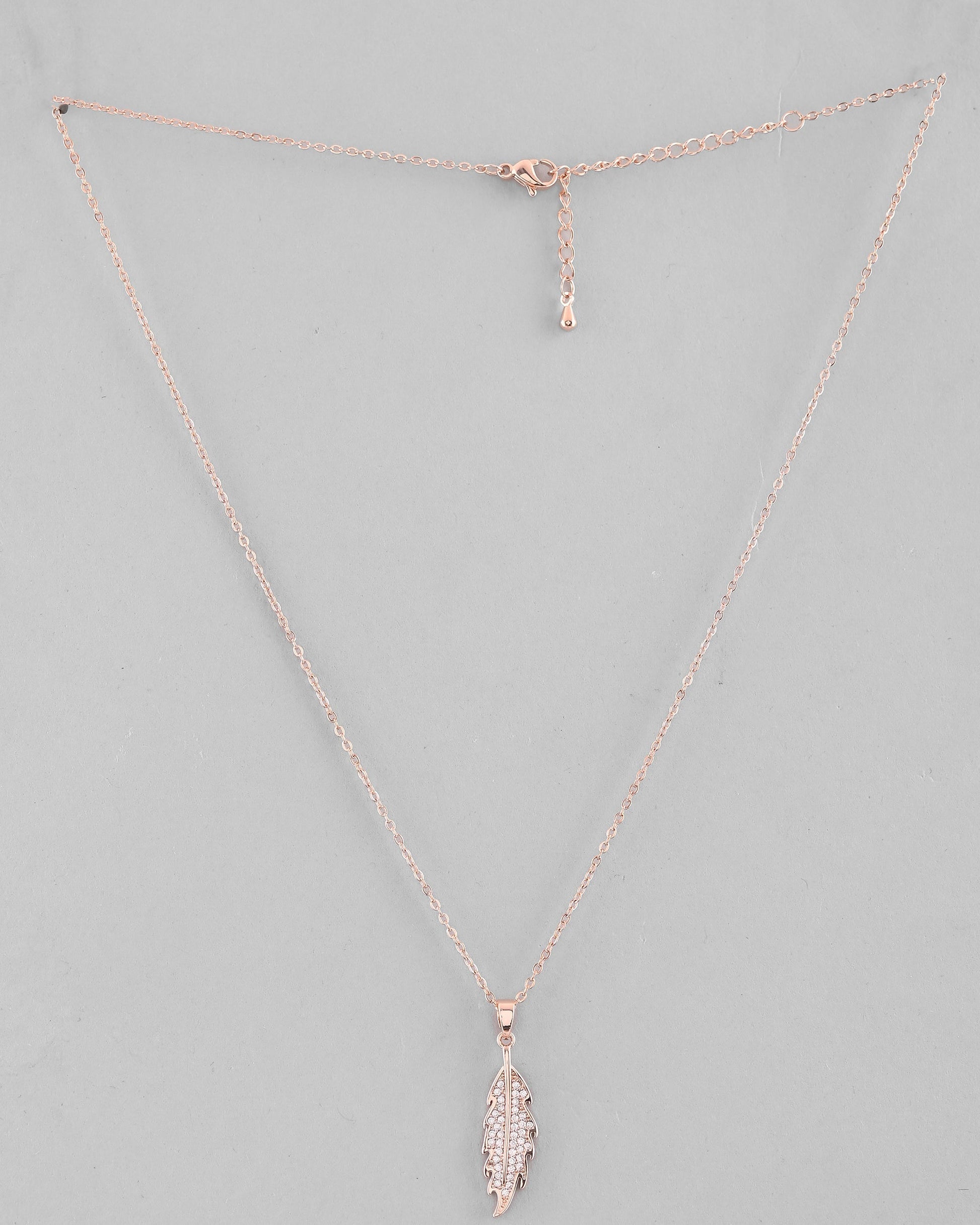 VOJ Rose Gold-Polished Chain With AD Studded Leaf Shaped Pendent 