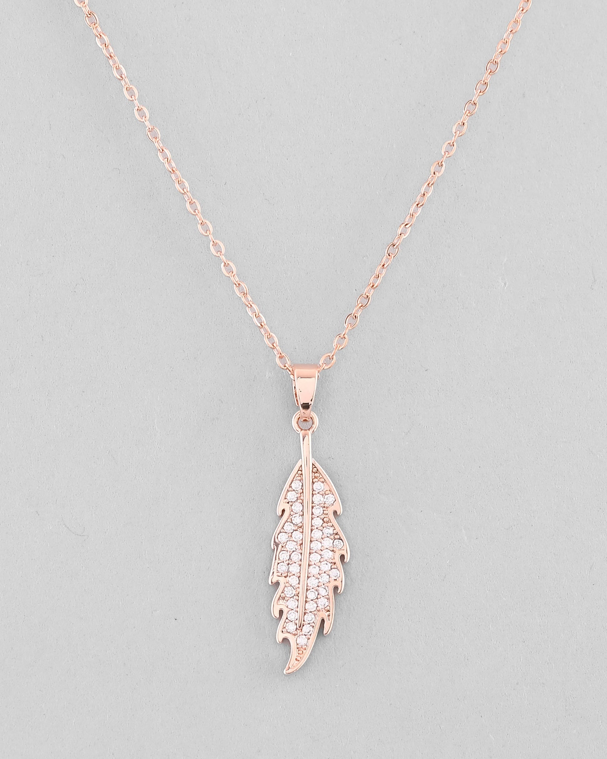VOJ Rose Gold-Polished Chain With AD Studded Leaf Shaped Pendent 