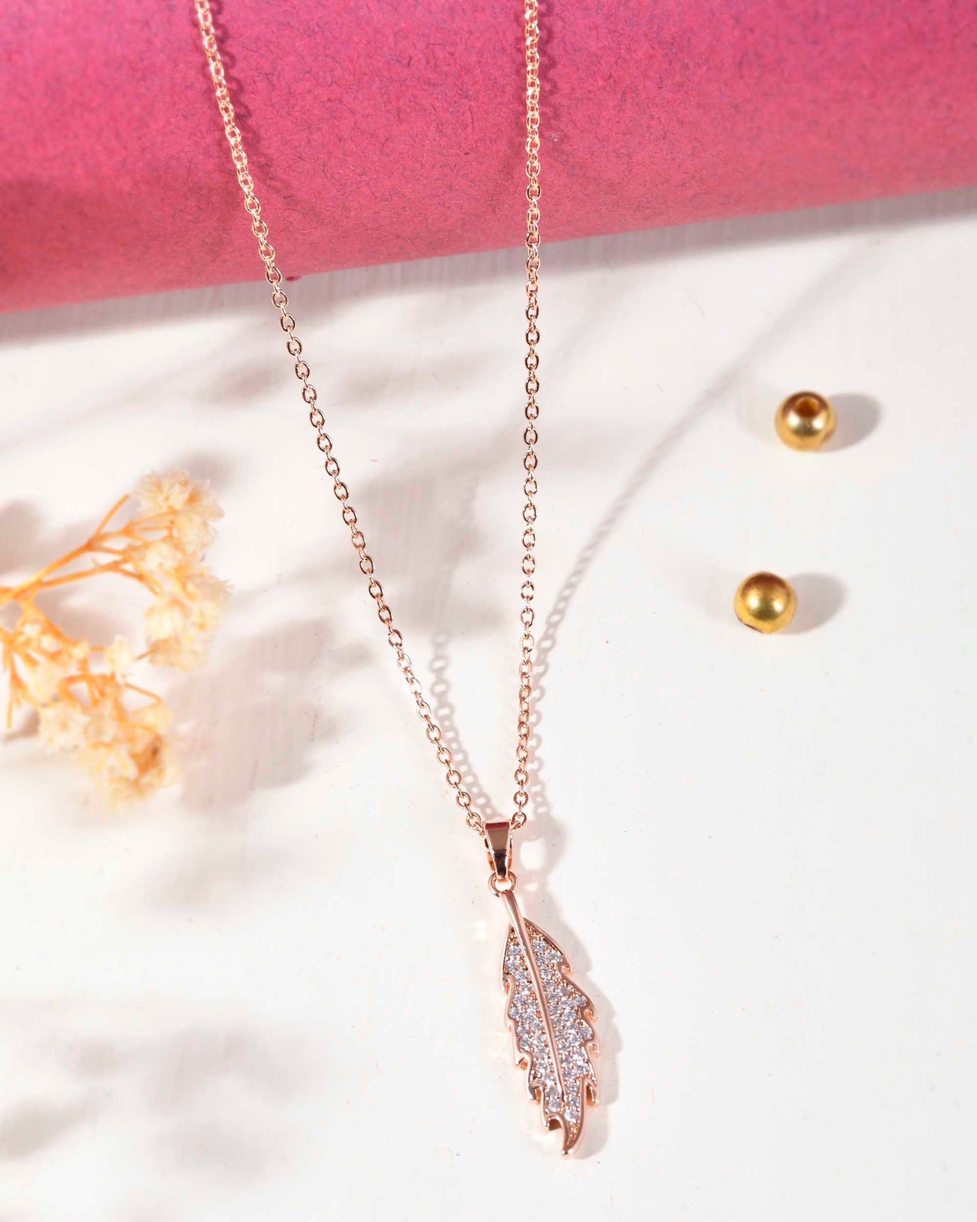 VOJ Rose Gold-Polished Chain With AD Studded Leaf Shaped Pendent 