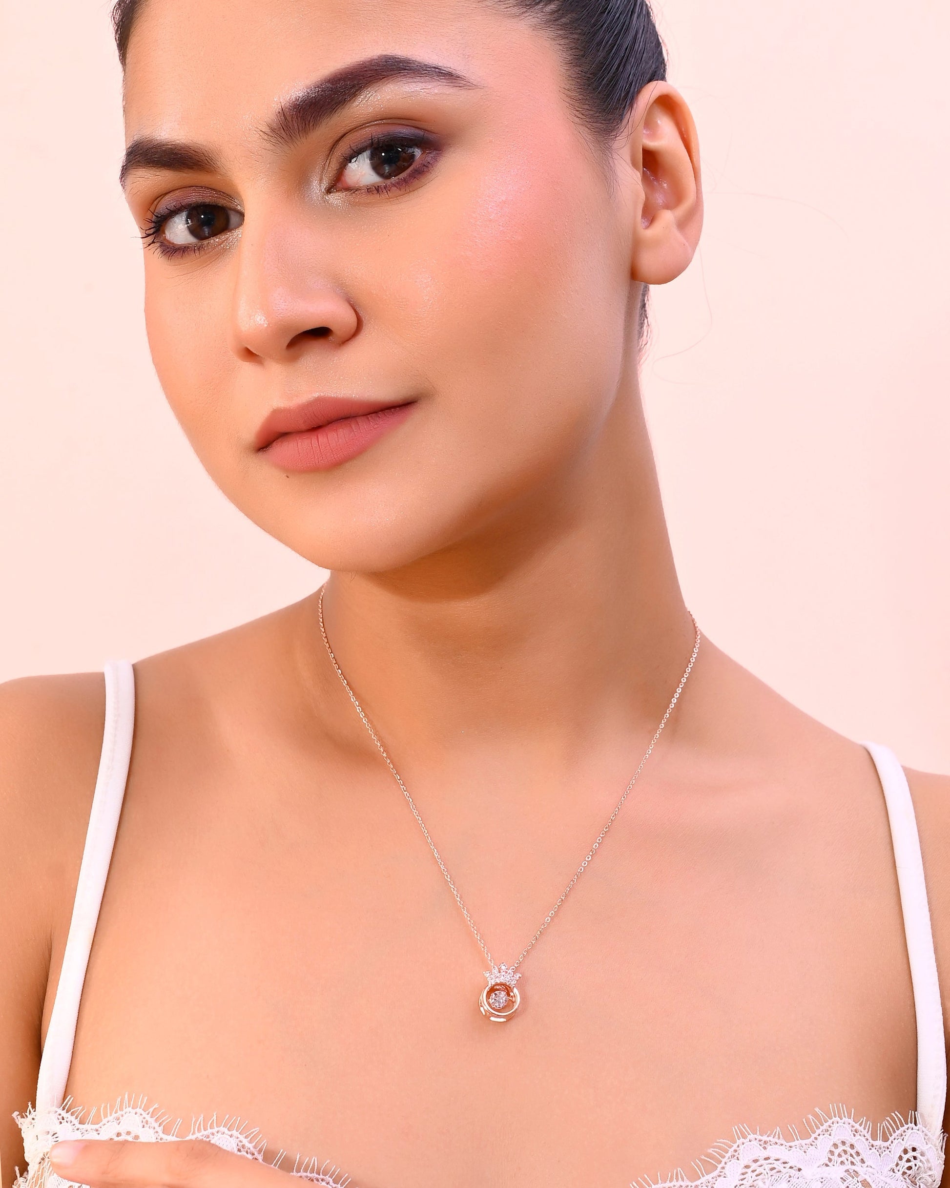VOJ Rose Gold-Polished Chain With AD Studded crown Shaped Pendent 
