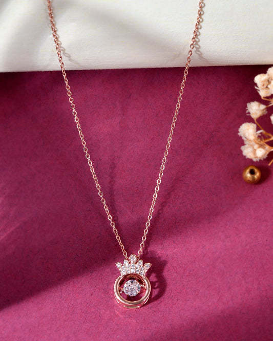 VOJ Rose Gold-Polished Chain With AD Studded crown Shaped Pendent 