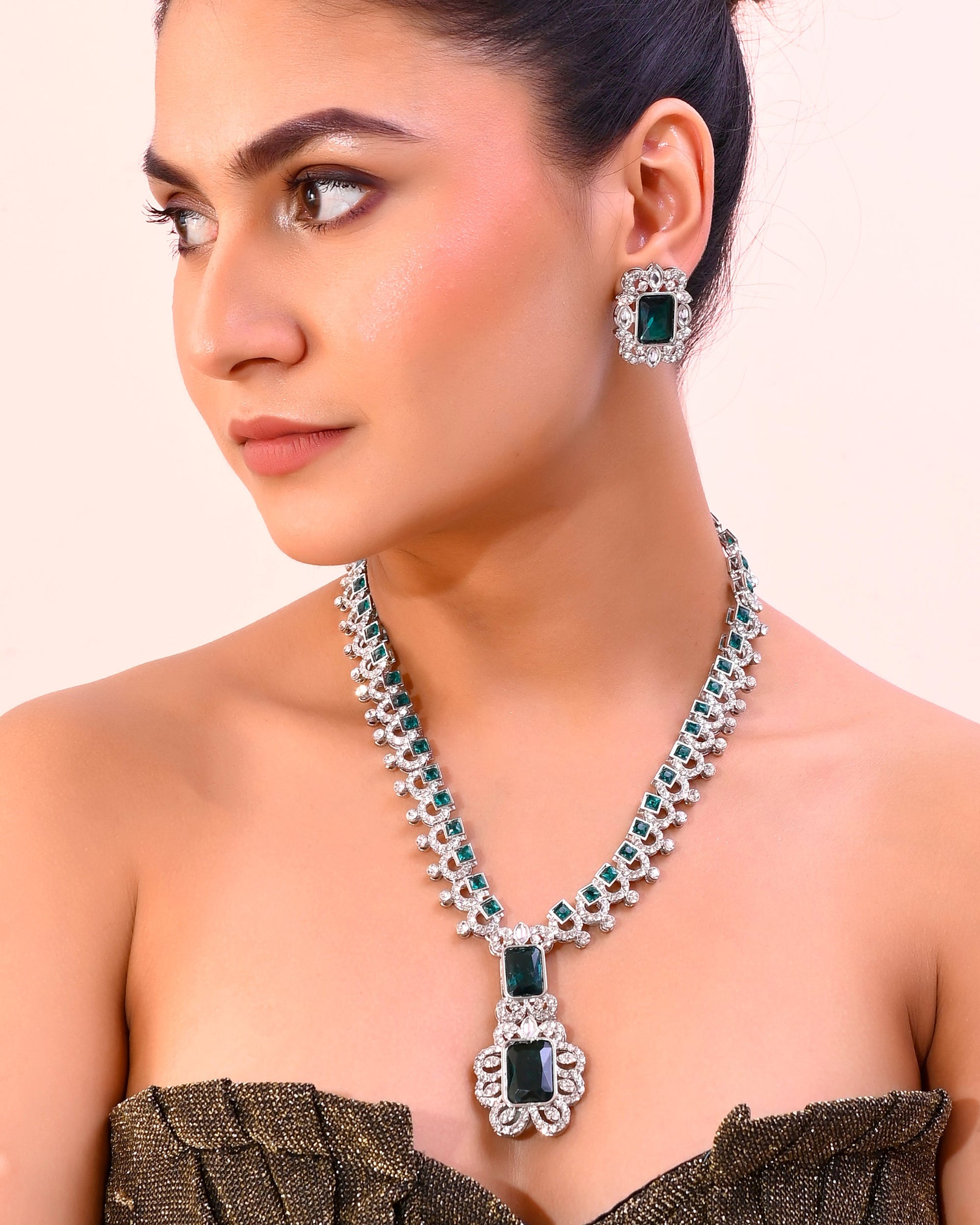 VOJ Green Silver-Plated Long Necklace Earring Jewellery Set VOJ (Valley Of Jewellery)