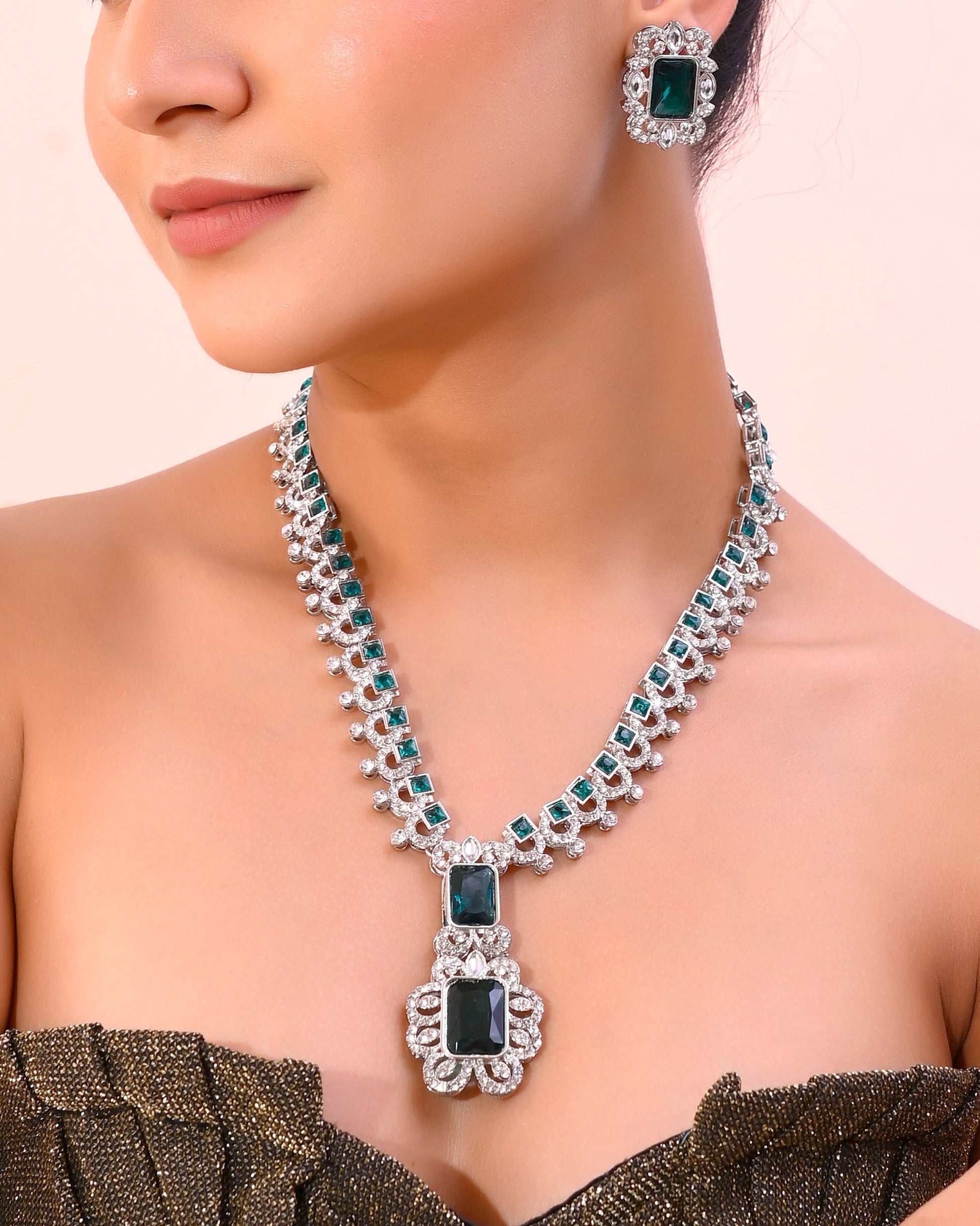 VOJ Green Silver-Plated Long Necklace Earring Jewellery Set VOJ (Valley Of Jewellery)