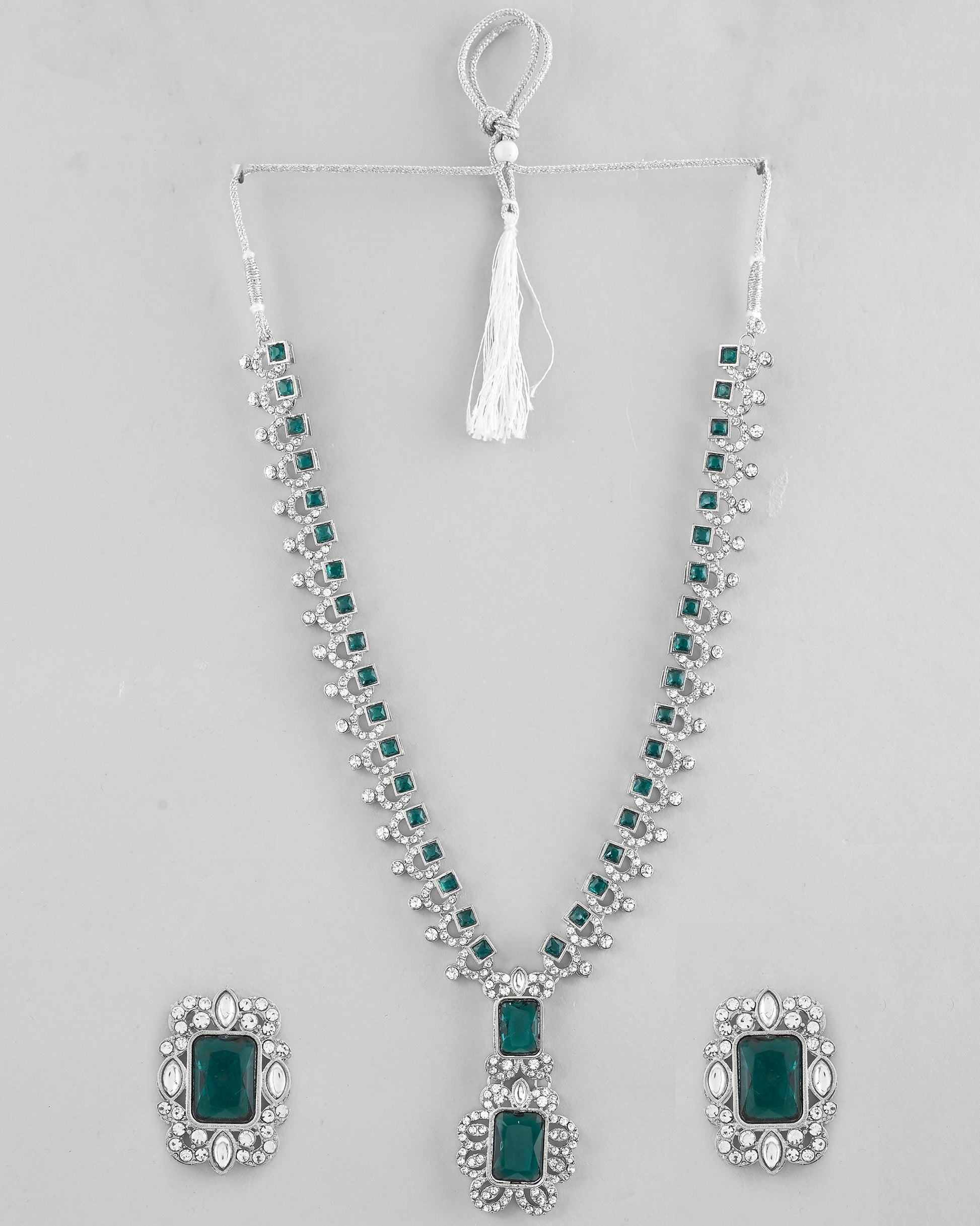 VOJ Green Silver-Plated Long Necklace Earring Jewellery Set VOJ (Valley Of Jewellery)