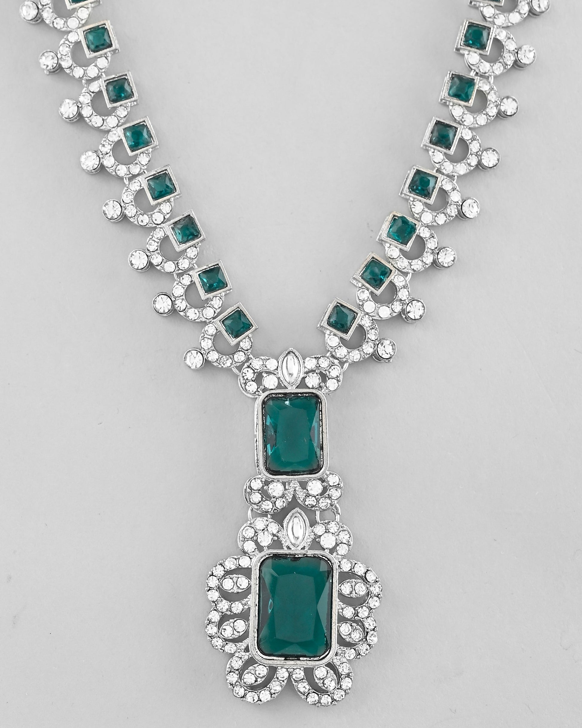 VOJ Green Silver-Plated Long Necklace Earring Jewellery Set VOJ (Valley Of Jewellery)