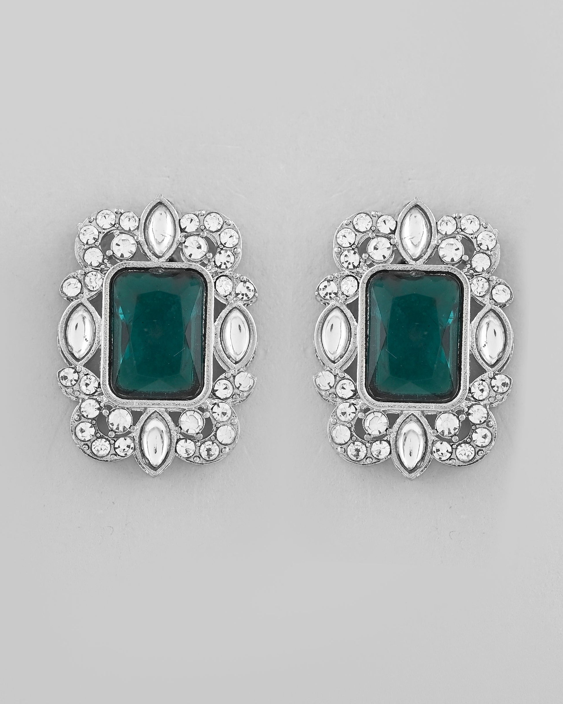 VOJ Green Silver-Plated Long Necklace Earring Jewellery Set VOJ (Valley Of Jewellery)