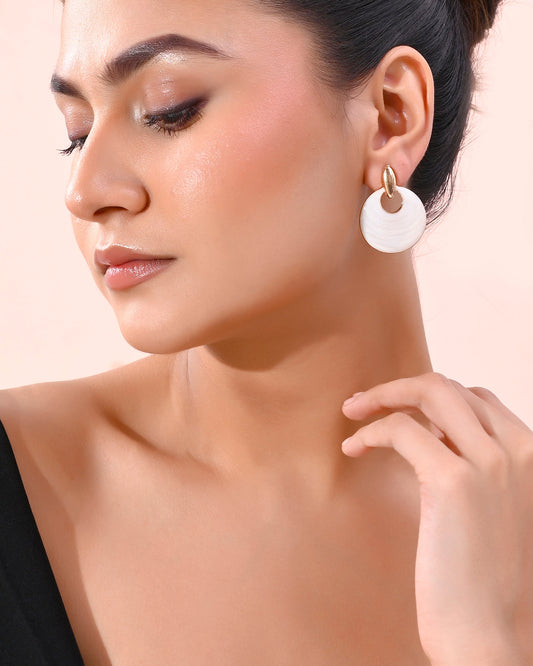 VOJ Gold-Polished Korean Style White Circular Studs Earrings