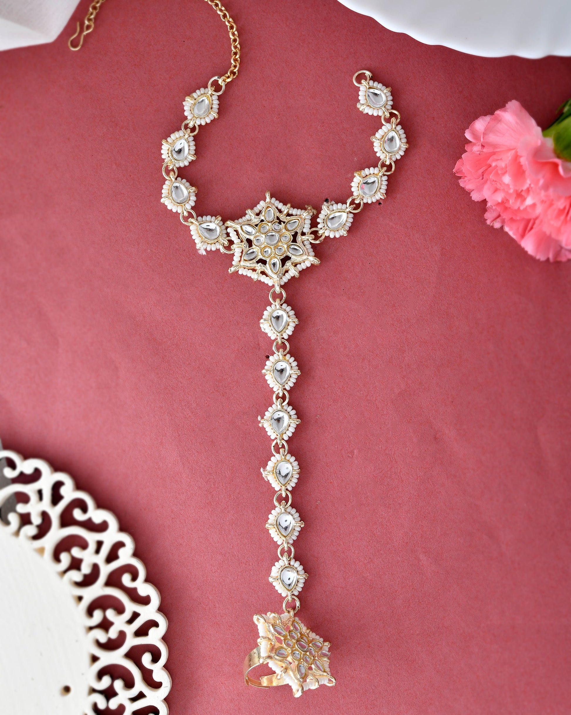 VOJ Gold-Polished Pearl And Kundan Ring Bracelet | Grab2Buy