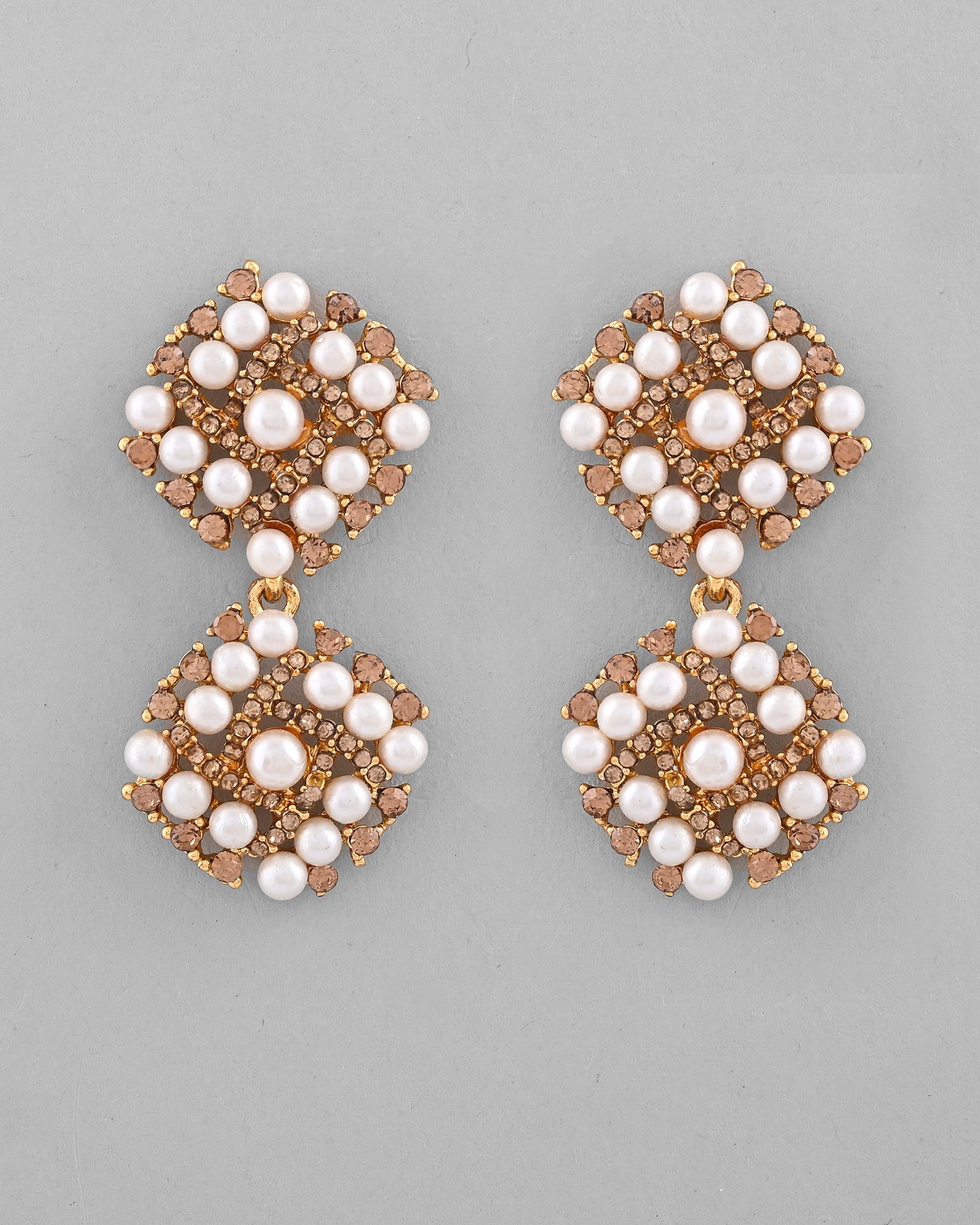 VOJ Gold-Polished Pearl And Gold Stone Drop Stud Earrings