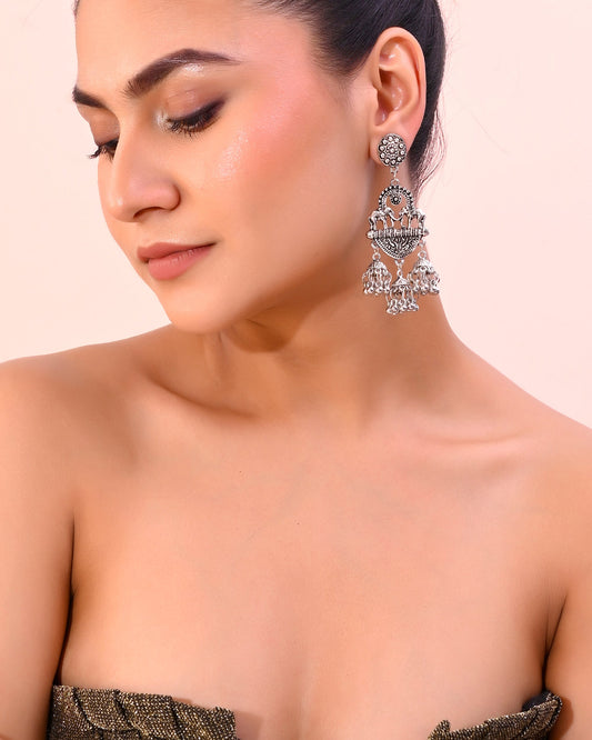 VOJ Silver-Plated Elephant Oxidized Contemporary Drop Earrings