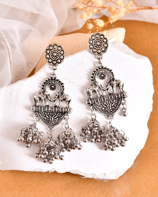 VOJ Silver-Plated Elephant Oxidized Contemporary Drop Earrings