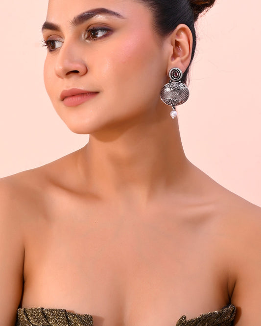 VOJ Rhodium-Plated Oxidized Contemporary With Pearl Earrings