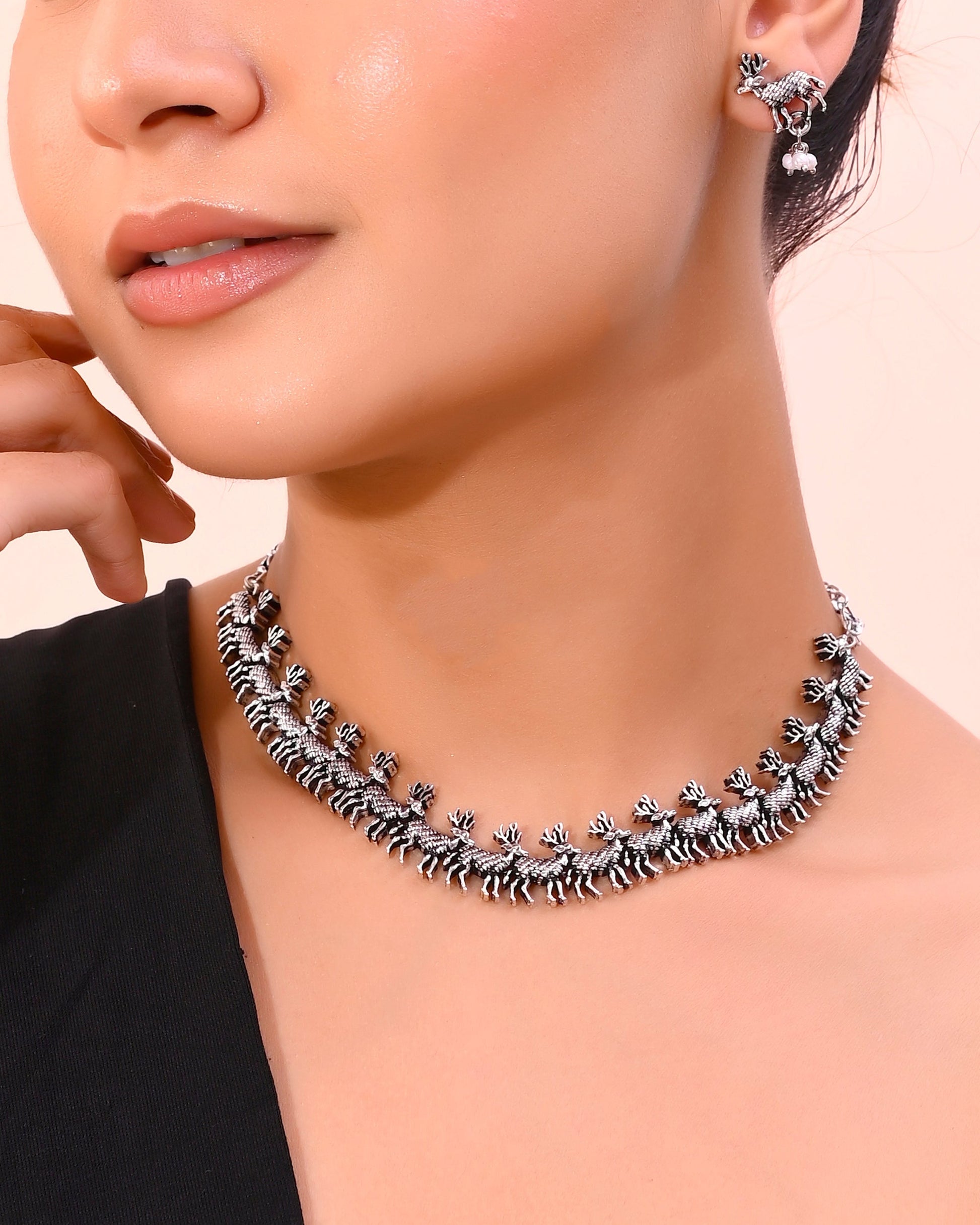 VOJ Rhodium-Plated Deer Oxidized Contemporary Choker With Earrings Set VOJ (Valley Of Jewellery)