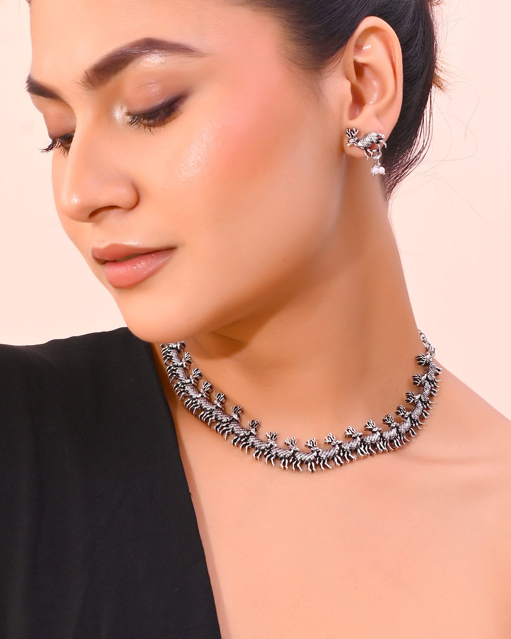 VOJ Rhodium-Plated Deer Oxidized Contemporary Choker With Earrings Set VOJ (Valley Of Jewellery)