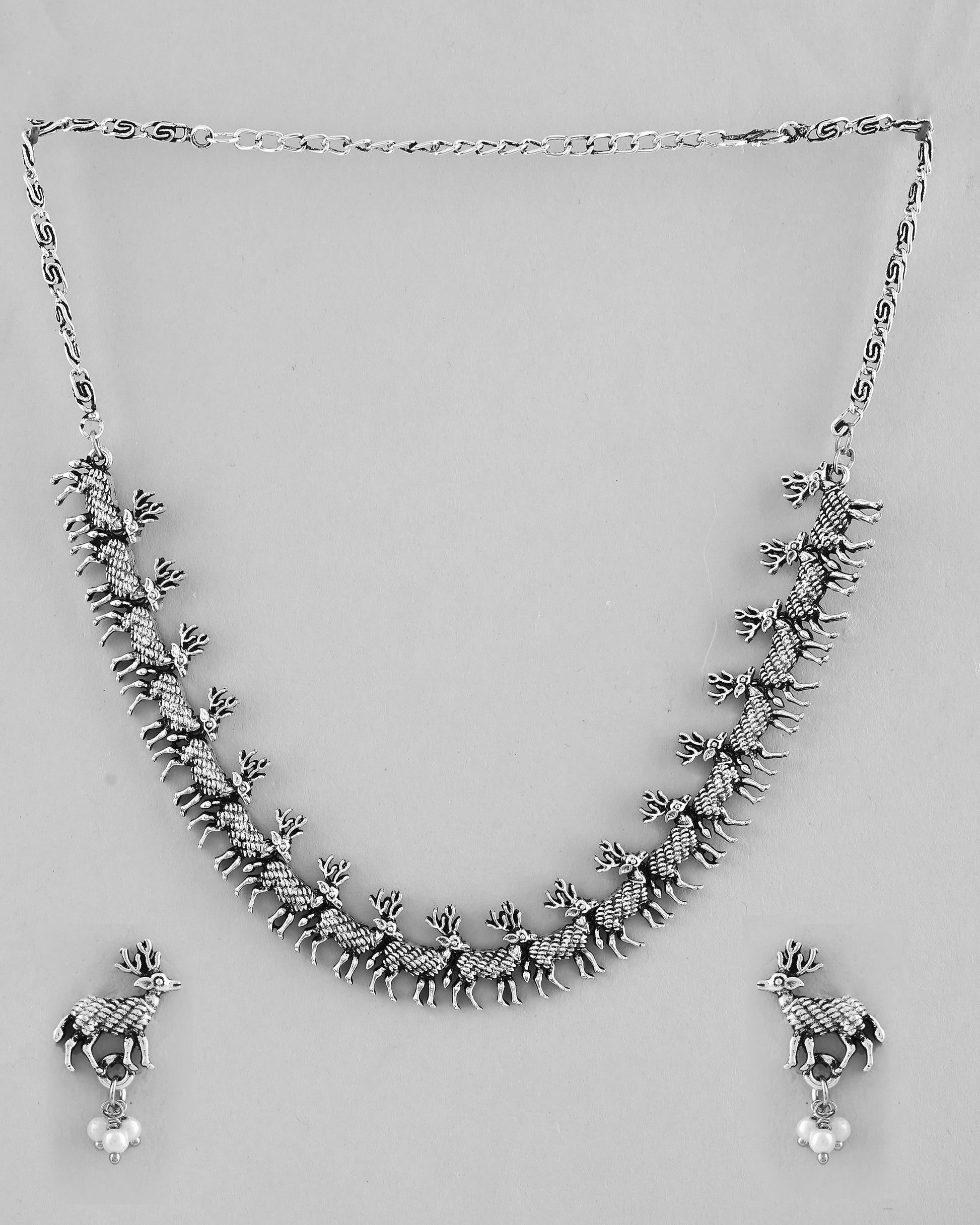 VOJ Rhodium-Plated Deer Oxidized Contemporary Choker With Earrings Set VOJ (Valley Of Jewellery)