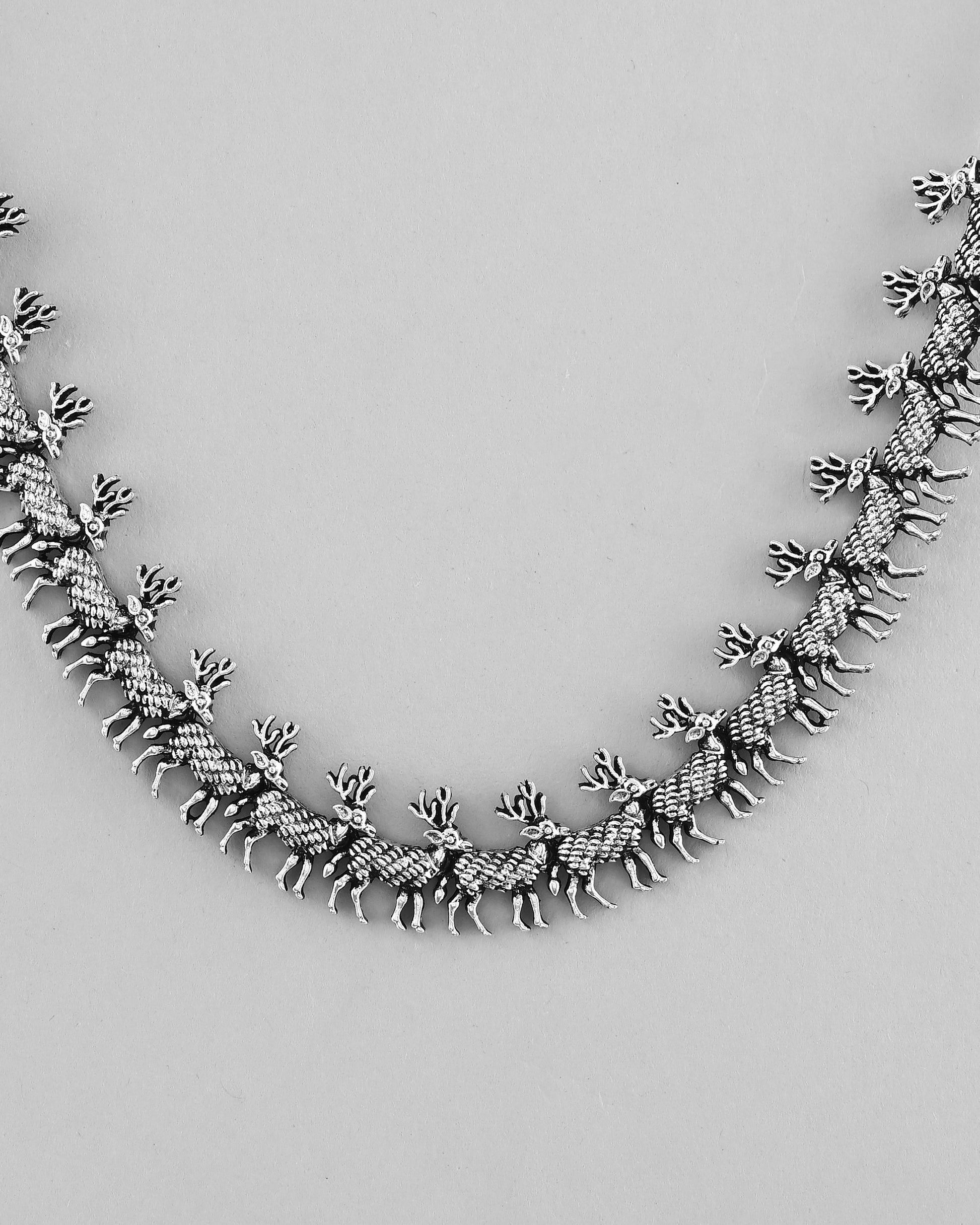 VOJ Rhodium-Plated Deer Oxidized Contemporary Choker With Earrings Set VOJ (Valley Of Jewellery)