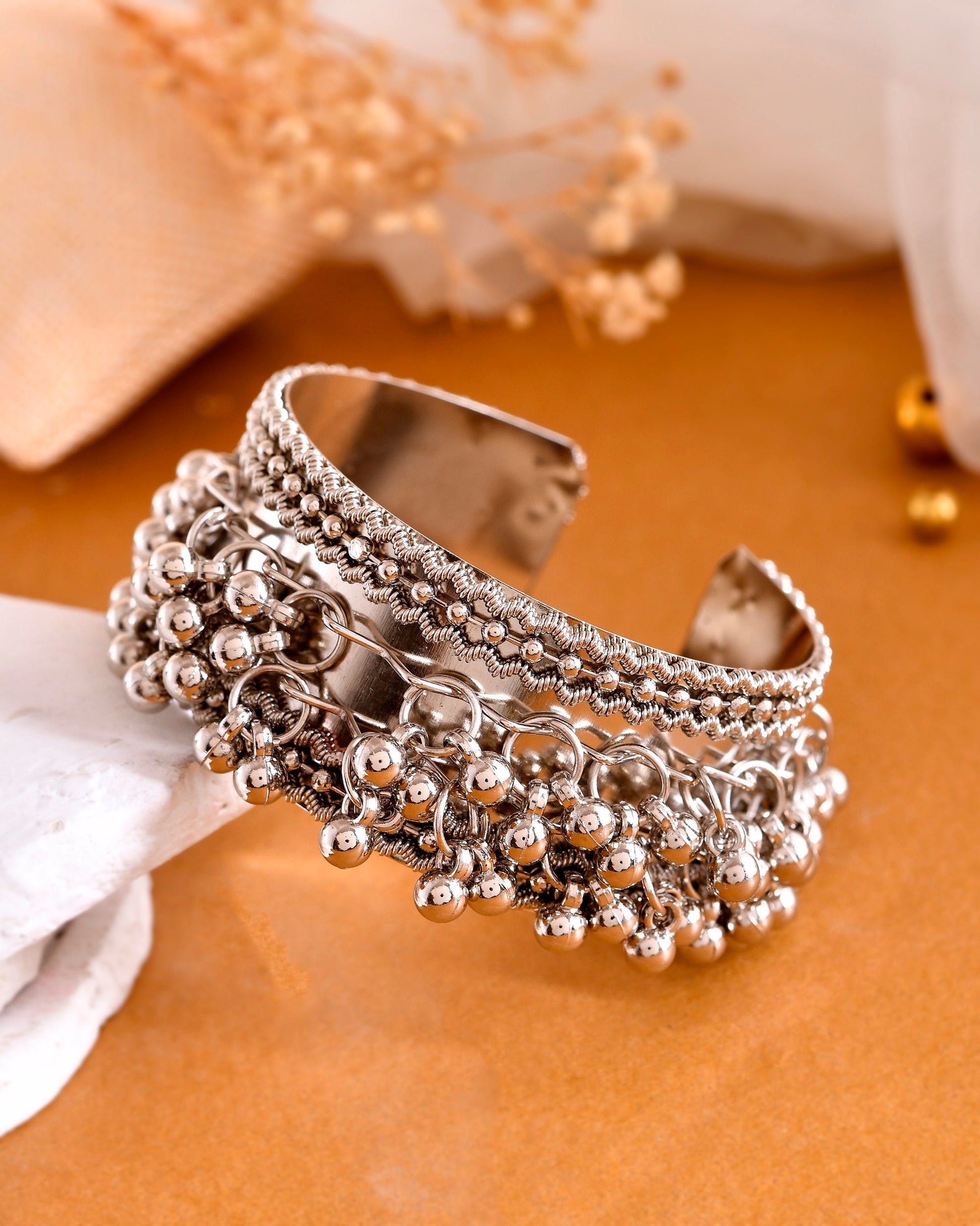 VOJ Silver-Plated Ghungroo Studded Oxidized Cuff Bracelet | Grab2Buy