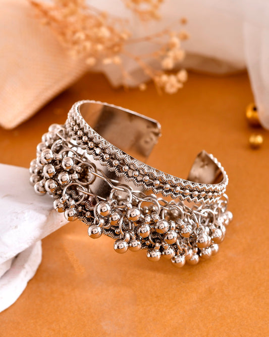 VOJ Silver-Plated Ghungroo Studded Oxidized Cuff Bracelet | Grab2Buy