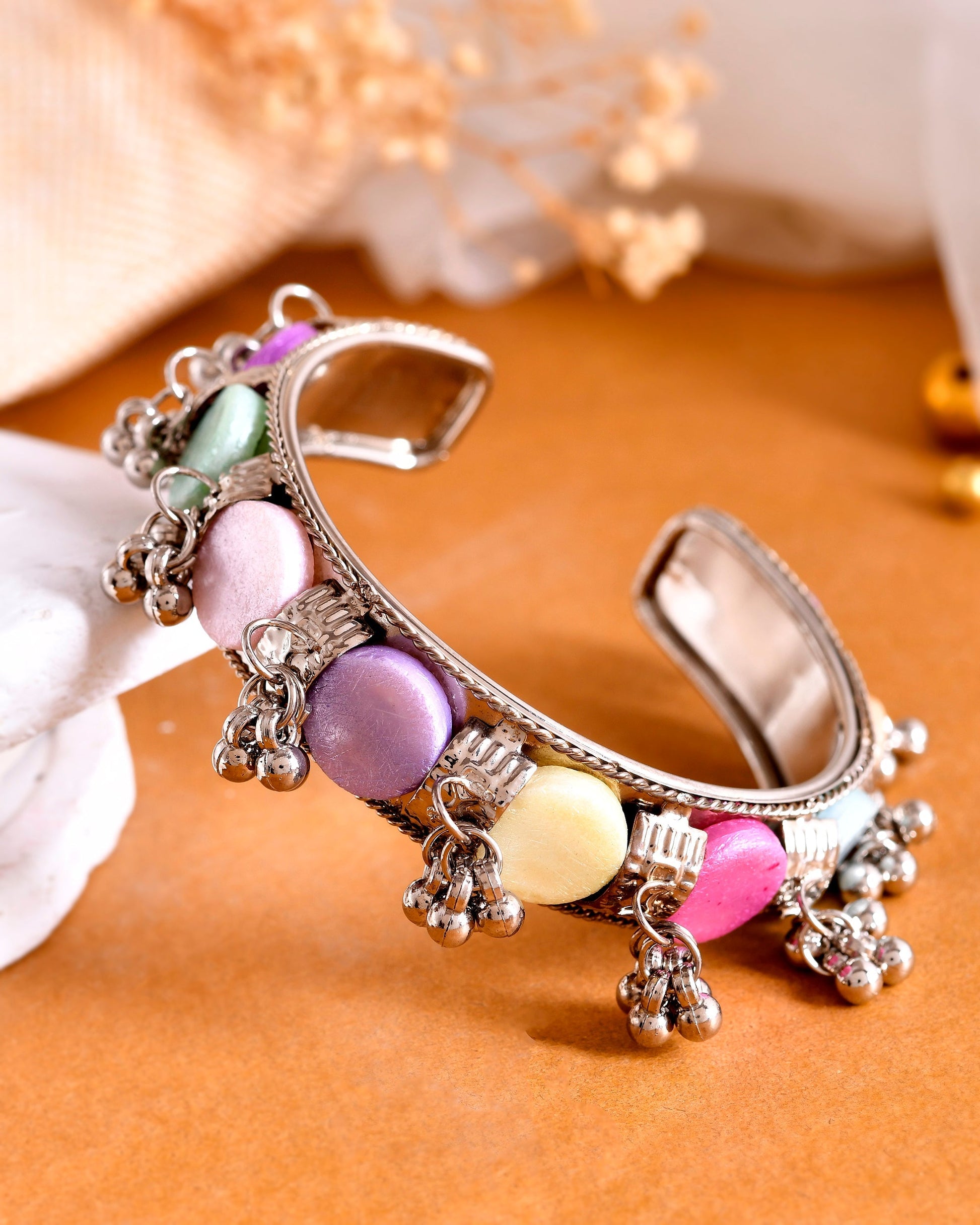 VOJ Silver-Plated Multi Colour Stone And Ghungroo Studded Oxidized Cuff Bracelet | Grab2Buy