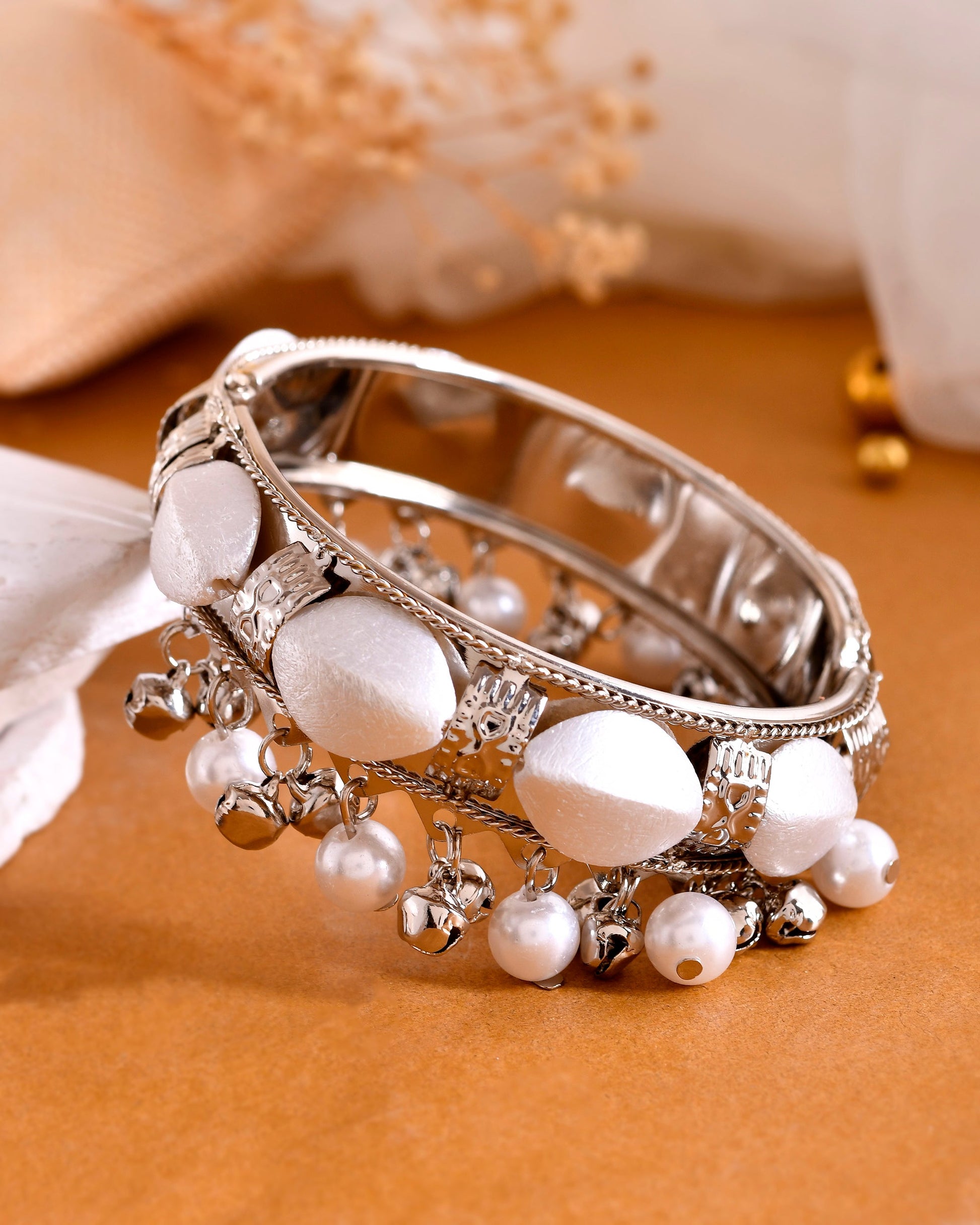 VOJ Silver-Plated Pearl And Ghungroo Studded Oxidized Cuff Bracelet | Grab2Buy