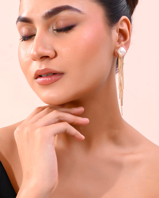 VOJ Gold-Polished Handcrafted Pearl Studded Classic Drop Earrings