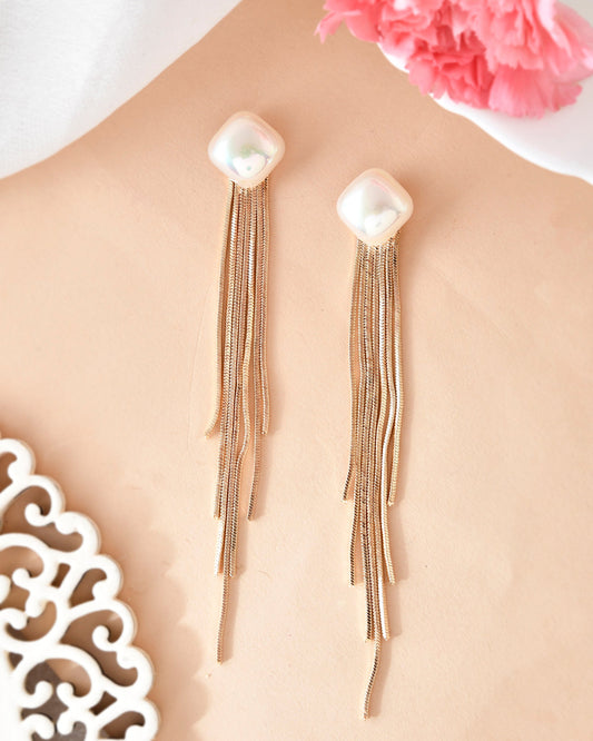 VOJ Gold-Polished Handcrafted Pearl Studded Classic Drop Earrings