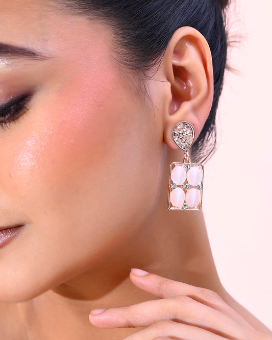 VOJ Rose Gold-Polished Stone Studded Rectangular Drop Earrings