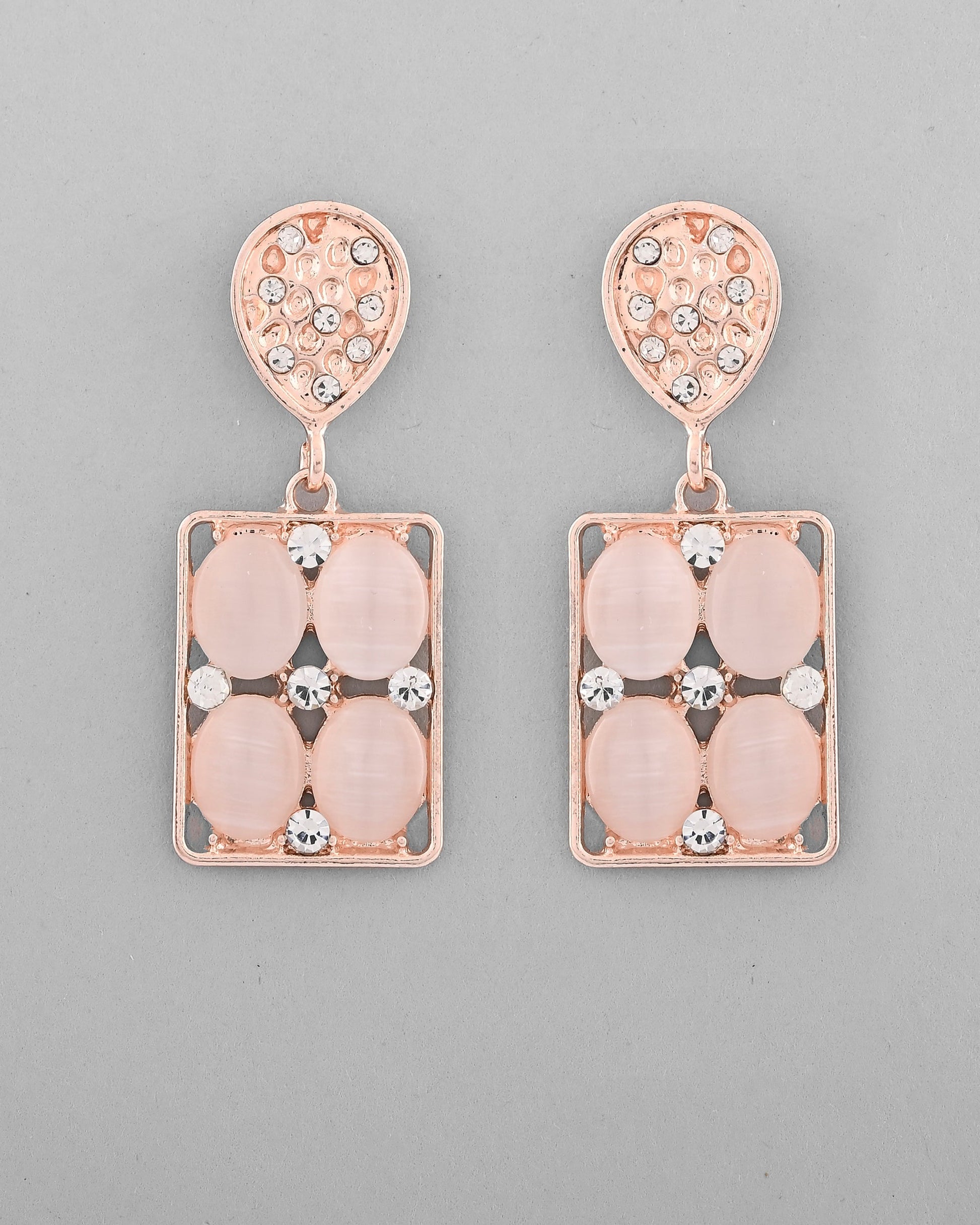 VOJ Rose Gold-Polished Stone Studded Rectangular Drop Earrings - Swadesiicart