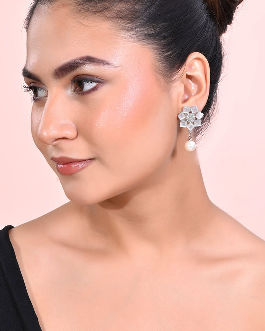 VOJ Silver Plated Floral Stone Studded Earrings