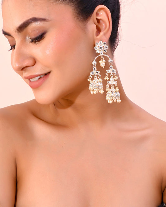 VOJ Gold-Polished Kundan Contemporary Up & Down Jhumka Earrings