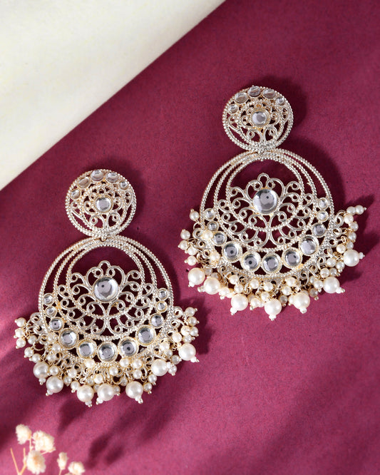 VOJ Gold-Polished Kundan Contemporary Circular Chandbaali Earrings