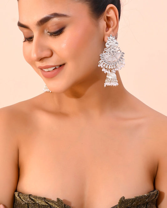 VOJ Silver plated Kundan Contemporary Jhumka Earrings