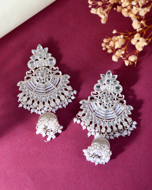VOJ Silver plated Kundan Contemporary Jhumka Earrings