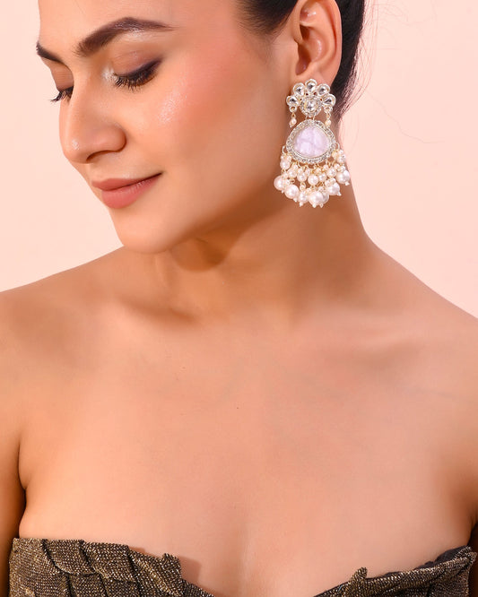 VOJ Gold-Toned Kundan Studded Contemporary Oxidised Drop Earrings