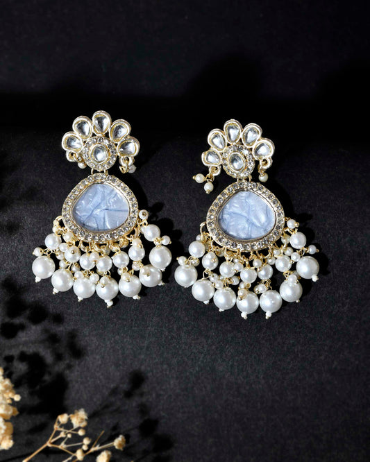 VOJ Gold-Toned Kundan Studded Contemporary Oxidised Drop Earrings