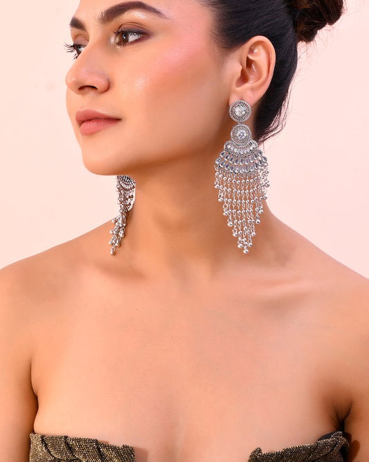 VOJ Silver-Plated Ghungroo Oxidized Drop Long Earrings